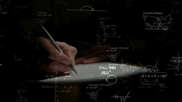 Close-up of a hand writing on paper in the dark, overlaid with complex glowing geometry and math formulas. Concept of problem-solving, advanced studying, and engineering calculations.