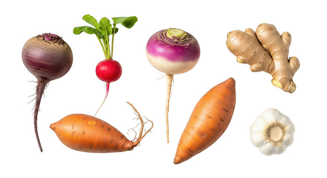 Collection of various fresh root vegetables isolated on transparent background