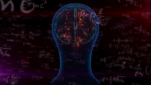 3D glowing human brain silhouette surrounded by floating complex math and physics formulas. Concept of artificial intelligence, deep learning, and advanced human intellect.