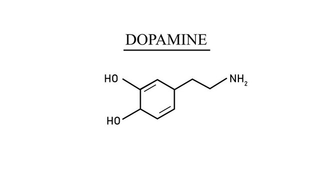 Glowing neon cyan dopamine chemical molecular structure formula animation text on a solid black background for science and biology motion graphics.