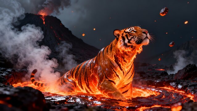 Tiger in Lava with Volcano