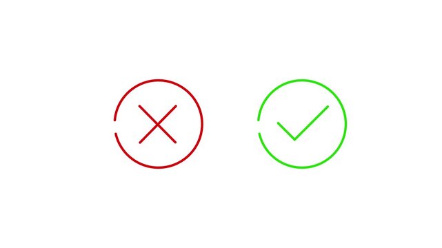 Minimalist animated green checkmark and red cross icons inside circles isolated on white background for correct wrong answer selection and quiz motion graphics.