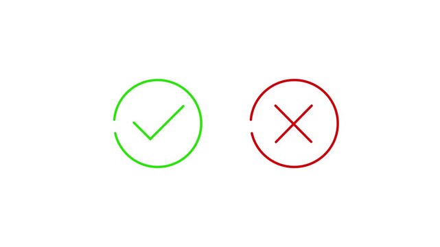 Minimalist animated green checkmark and red cross icons inside circles isolated on white background for correct wrong answer selection and quiz motion graphics.