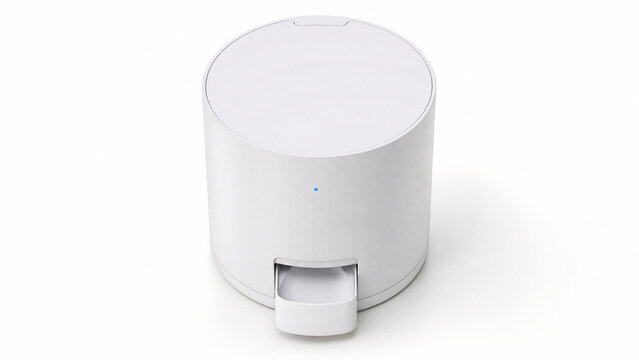 Modern minimalist white electric smart multi-cooker home appliance with open dispenser drawer