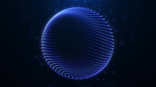 Glowing blue digital sphere built from curved network lines and floating particles. Seamless 4K 60fps loop for global data, digital twins, analytics and cloud technology.