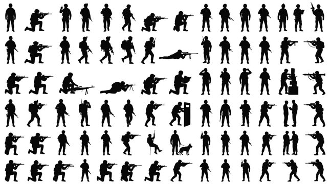 Large collection of black soldier silhouettes in various combat poses created as a vector graphic illustration