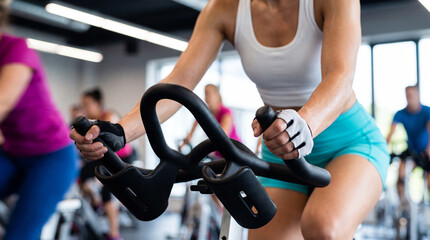 Fototapeta premium Woman gripping the handlebars of a stationary exercise bike during a spinning class in bright gym.