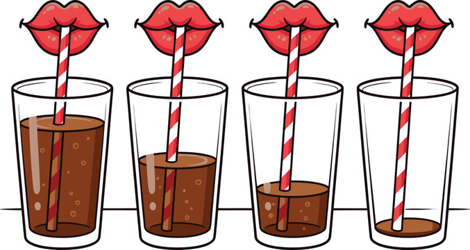 Lip drinking soda from glass with striped straws sequential illustration straw drink lip icon