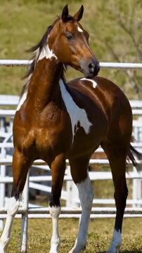 Beautiful Bay Pinto Horse Standing Outdoors near a Fence on a Farm