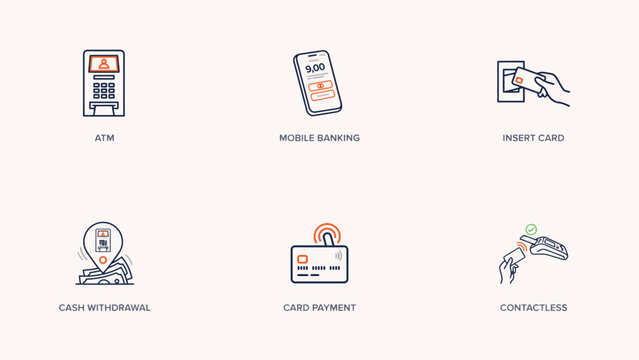 Flat icons illustrating different modern payment methods including atm, mobile banking, card insertion, cash withdrawal, card payment, and contactless transaction . Vector flat illustration.