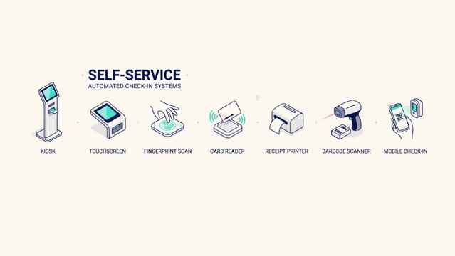 Isometric icons for self-service automated check-in systems . Vector flat illustration on a white background. Vector illustration.