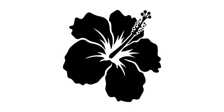 hibiscus flower stencil on a white background Hibiscus Flower black Silhouette Vector, Black silhouette hibiscus flowers with leaves on white background floral graphic design elements, Hibiscus flower