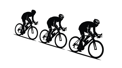 Obraz premium Minimalist black vector illustration showing three competitive cyclists racing uphill on a white isolated background