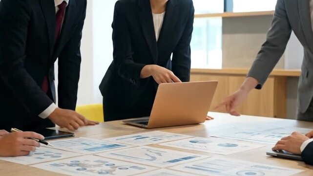 Business team analyzing financial charts and data reports during a collaborative meeting in an office