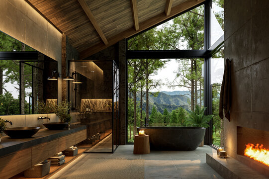 Luxury bathroom interior with large windows overlooking a scenic mountain forest view. 3d render.