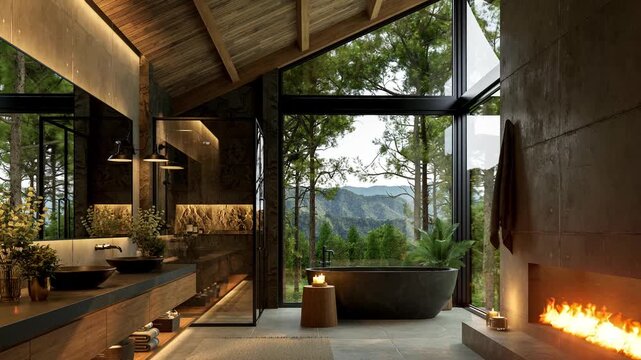 Luxury bathroom interior with wooden ceiling and stone walls, featuring a freestanding black bathtub and fireplace, large windows overlooking a scenic mountain forest view. 3d animation render.