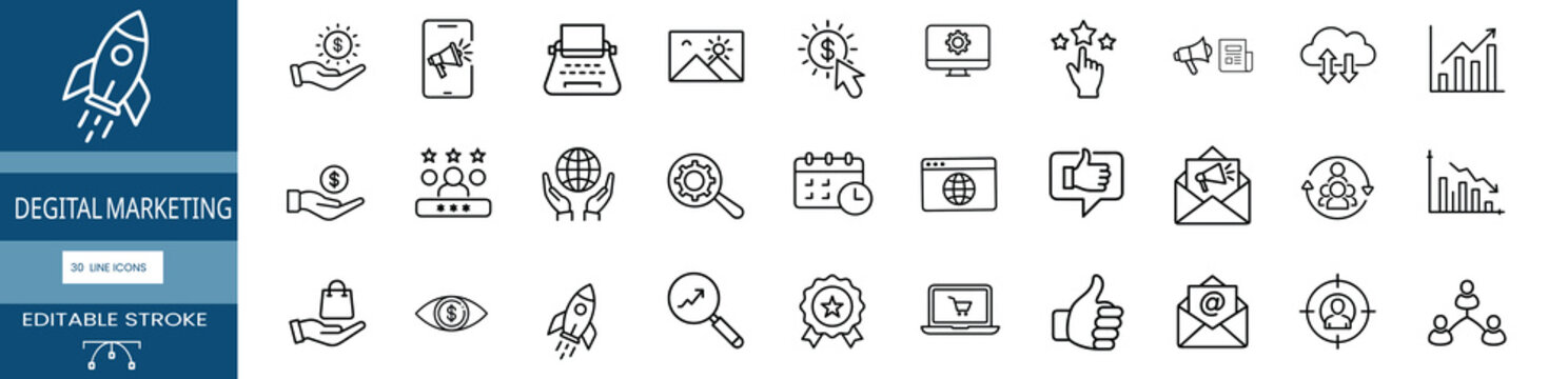 Digital marketing outline icons set, financial growth, spaceship launch, web interface, star award & more vector illustration with editable stroke.