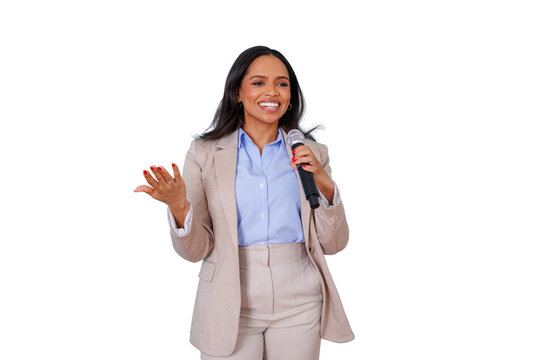 Businesswoman giving a speech or presentation, holding a microphone and gesturing, transparent background