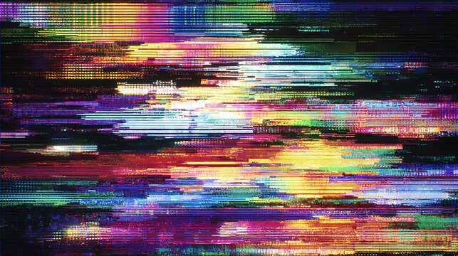 Abstract digital glitch art with colorful signal interference and pixel noise.