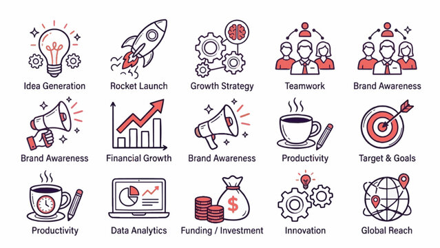 Business Growth and Productivity Doodle Icon Set &ndash; Analytics and Strategy Elements
