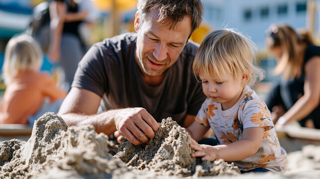 Stay-at-home father in playground sandbox building elaborate sand structure with two toddlers, other nannies and mothers nearby, him engaged and unbothered, depicting modern fatherhood, primary care