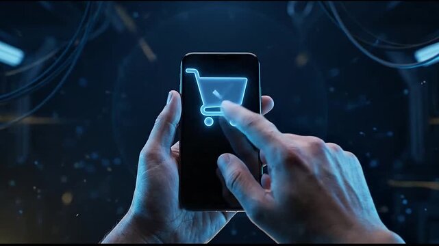 Person holding smartphone in dark high tech laboratory
