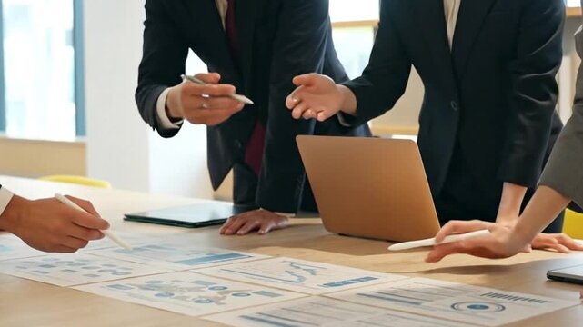 Business team analyzing financial charts and data reports during a collaborative meeting in a modern office.