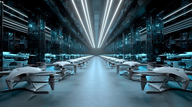 Futuristic Automated Drone Assembly Line in High Tech Factory.