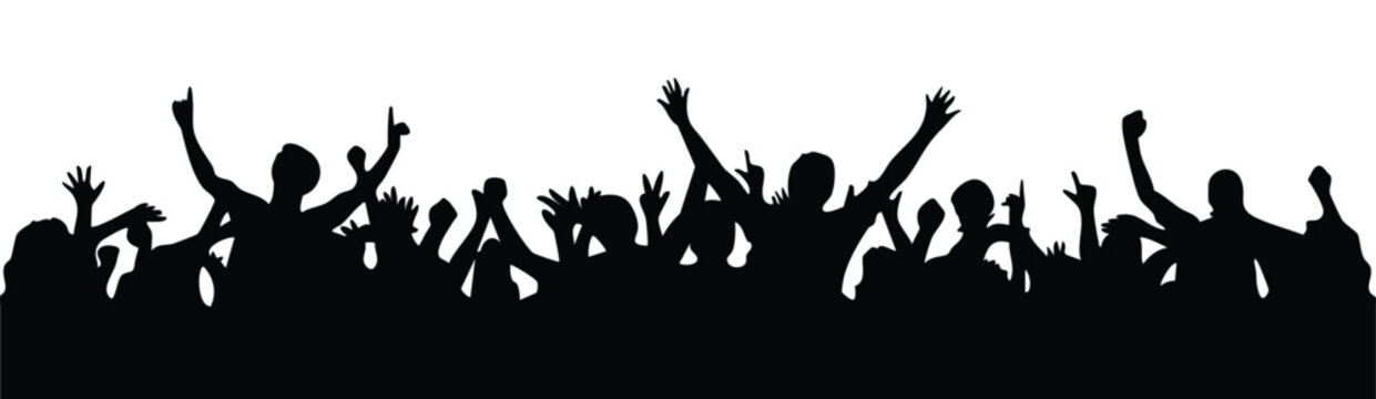 Crowd of people cheering with raised hands silhouette