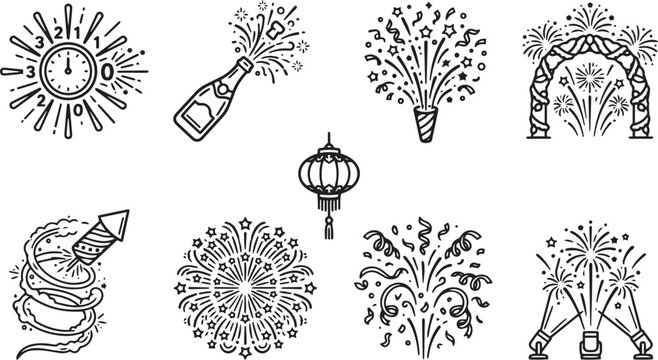 Monochrome New Year Celebration Party Firework Line Icon Vector Collection