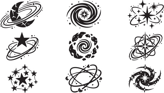 Monochrome Cosmic Galaxy Star and Planet Orbit Vector Icon Set