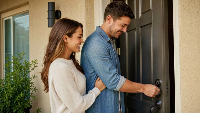 Happy young couple standing together at the doorway of their home smiling and laughing