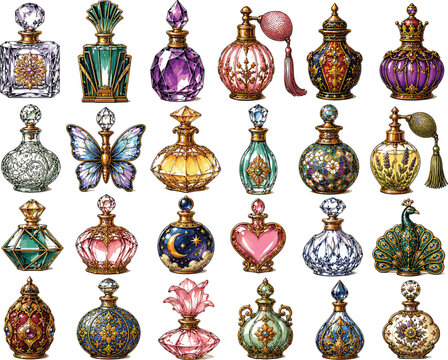 Decorative Perfume Bottle Collection with Ornate Crystal Fragrance Flacons and Luxury Cosmetic Containers Vector Illustration Set