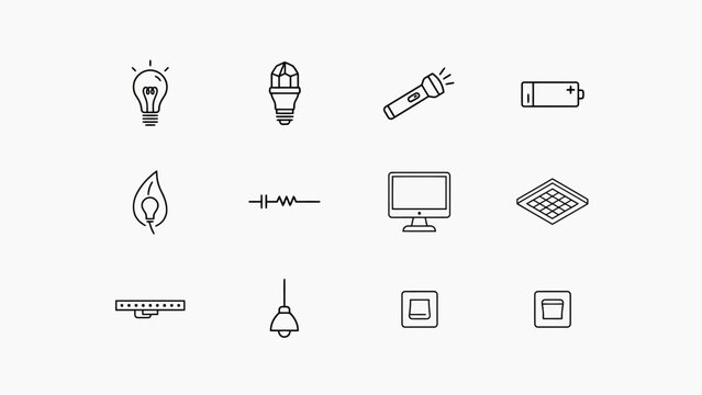 Collection of flat style electricity and lighting icons including bulb, battery, solar panel, and computer . Vector illustration.