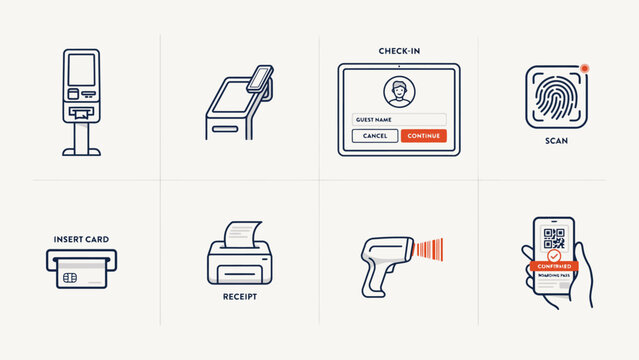 Flat line icons for hotel check-in and payment process steps . Vector illustration.