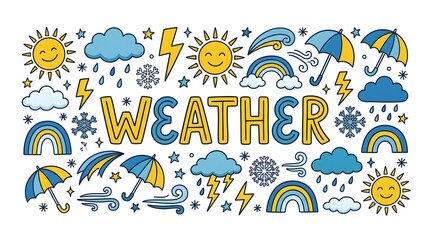 Naklejka premium A colorful and whimsical illustration of various weather elements surrounding the word WEATHER. The scene includes smiling suns, fluffy clouds, rainbows, rain, lightning, snowflakes, and umbrellas.