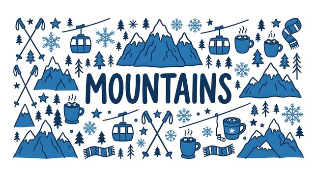 A whimsical doodle illustration depicting a winter mountain scene with various elements like mountains, cable cars, snow, snowflakes, hot beverages, and ski poles.
