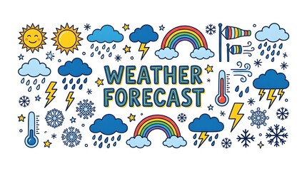 Naklejka premium Weather forecast icons showing various weather conditions, including sun, clouds, rain, snow, lightning, rainbow, thermometer, and wind sock