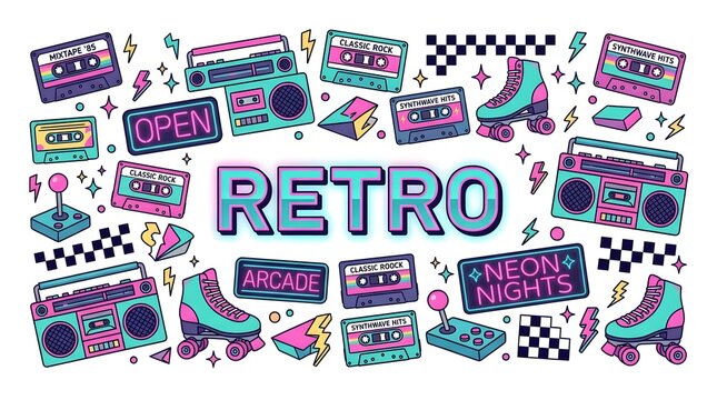 Retro party graphic with cassette tape, boombox, roller skate, joystick, and neon sign elements