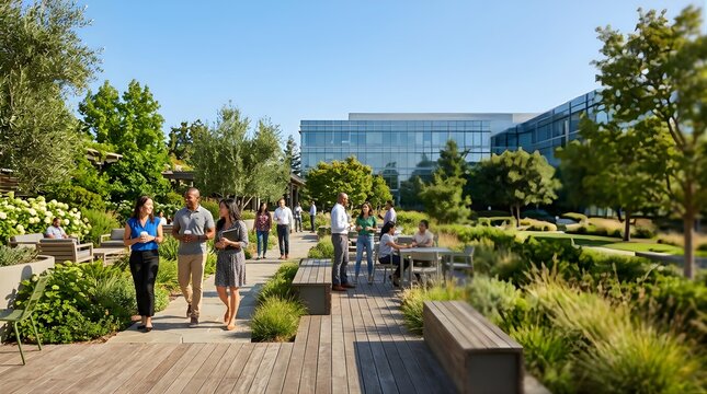Diverse business team walking and networking in a modern outdoor office park