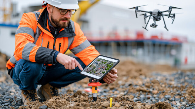 Drone survey operator crouching beside RTK ground control point marker on active construction site perimeter while aerial unit climbs overhead, tablet displaying orthophoto mosaic, candid wide estab