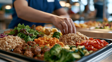 Obraz premium Elementary school cafeteria line from a child perspective at counter height, showing a colorful tray of balanced portions including whole grains, vegetables, and fruit being assembled by a lunch sta