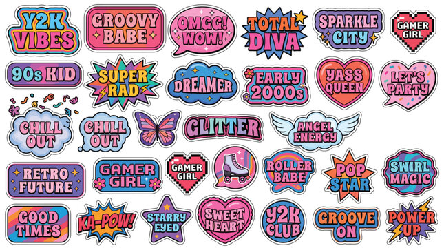 Set of y2k aesthetic stickers, retro 90s and 2000s style patches, vibrant pop art badges and icons