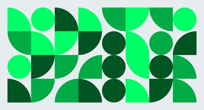 A modern geometric pattern of circles and semicircles in varying green shades on a light gray background.