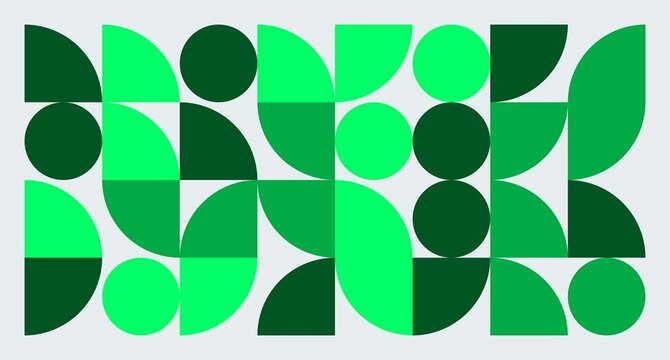 A modern geometric pattern of circles and semicircles in varying green shades on a light gray background.