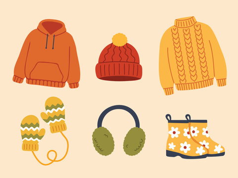 Flat vector set of cozy autumn and winter clothing and accessories including orange hoodie, red knitted pom pom beanie hat, yellow cable knit sweater, knitted mittens, green fluffy earmuffs, and yello