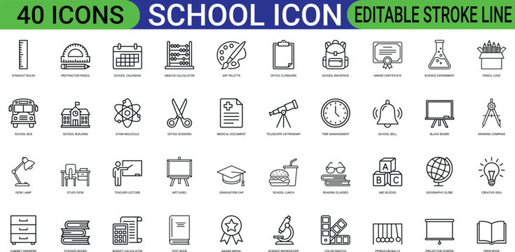 Set of forty black and white school and education line featuring like a ruler backpack globe microscope graduation cap and books on a white background for academic projects