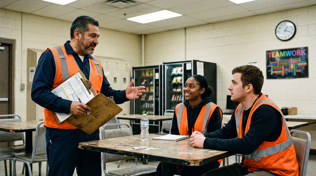 Construction supervisor training workers in break room with clipboard teamwork concept