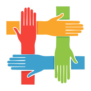 Colorful hands forming a plus sign, symbolizing teamwork and unity