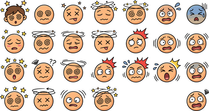 Dizzy and Sick Emoji Icon Set with Confused Confused Faces, Headaches, and Vertigo Symbols for Apps, UI Design, and Healthcare Visuals